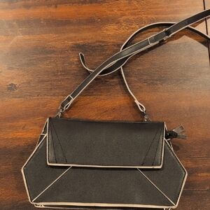 Melie Bianco Geometric Black Crossbody Bag, Black With Cream Details.